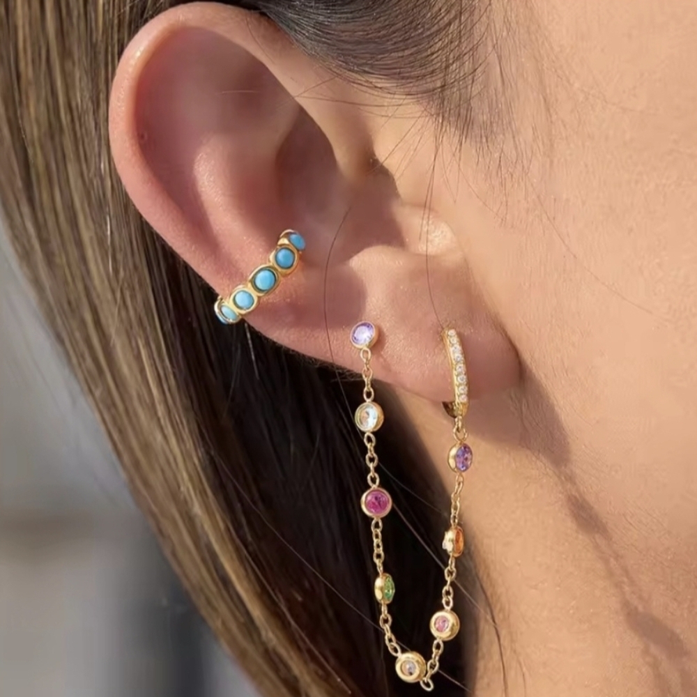 Rainbow Bezel Crystal Chain Drop Hoop Earrings • Ear Stack • NWOT